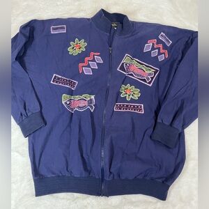 Vintage Carina Lightweight Navy Zip Up Jacket with Puffy Paint Accents USA Large